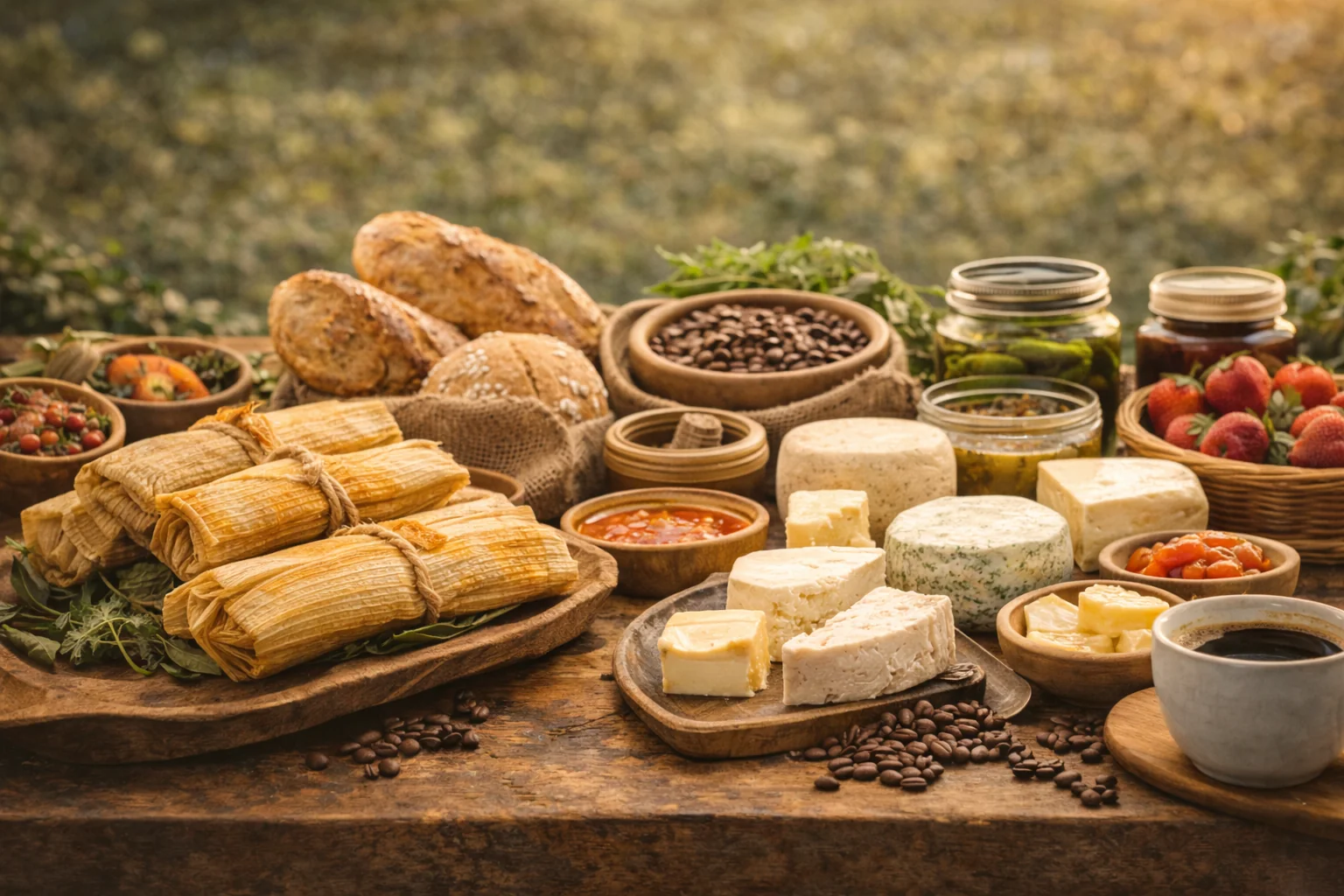 Productos artesanales de origen: tamales, panes, quesos y café
