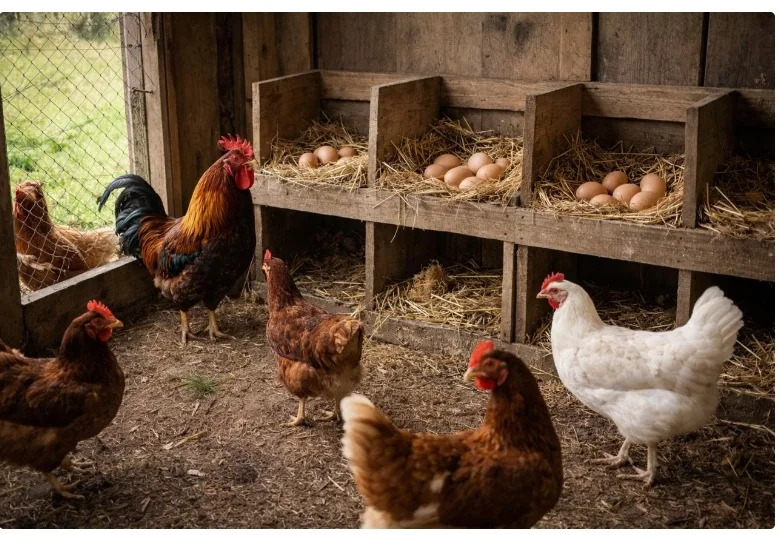 Gallinas de corral junto a huevos frescos como representación de producto premium con valor agregado